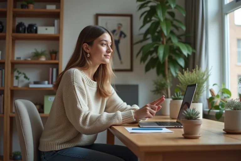 Femme en télétravail dans un intérieur cosy et lumineux