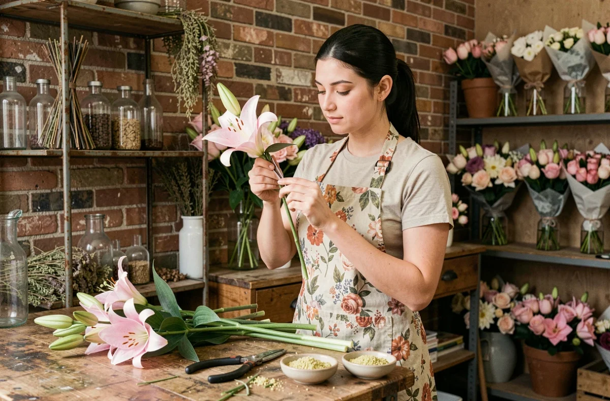 Fleuriste professionnelle retirant le pistil d'un lys rose stargazer dans un atelier de fleuriste rustique