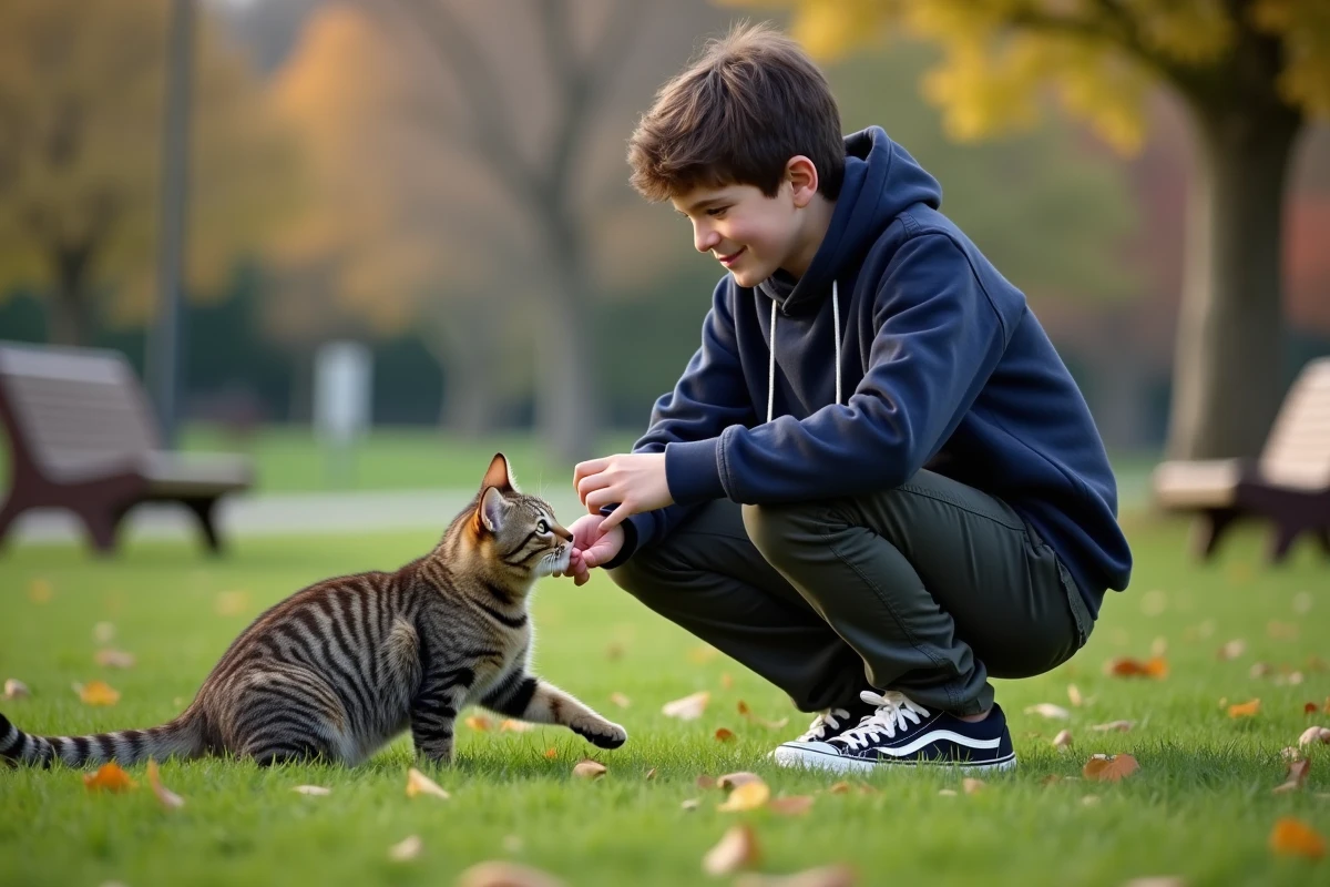 Adolescent jouant avec un chat dans un parc verdoyant