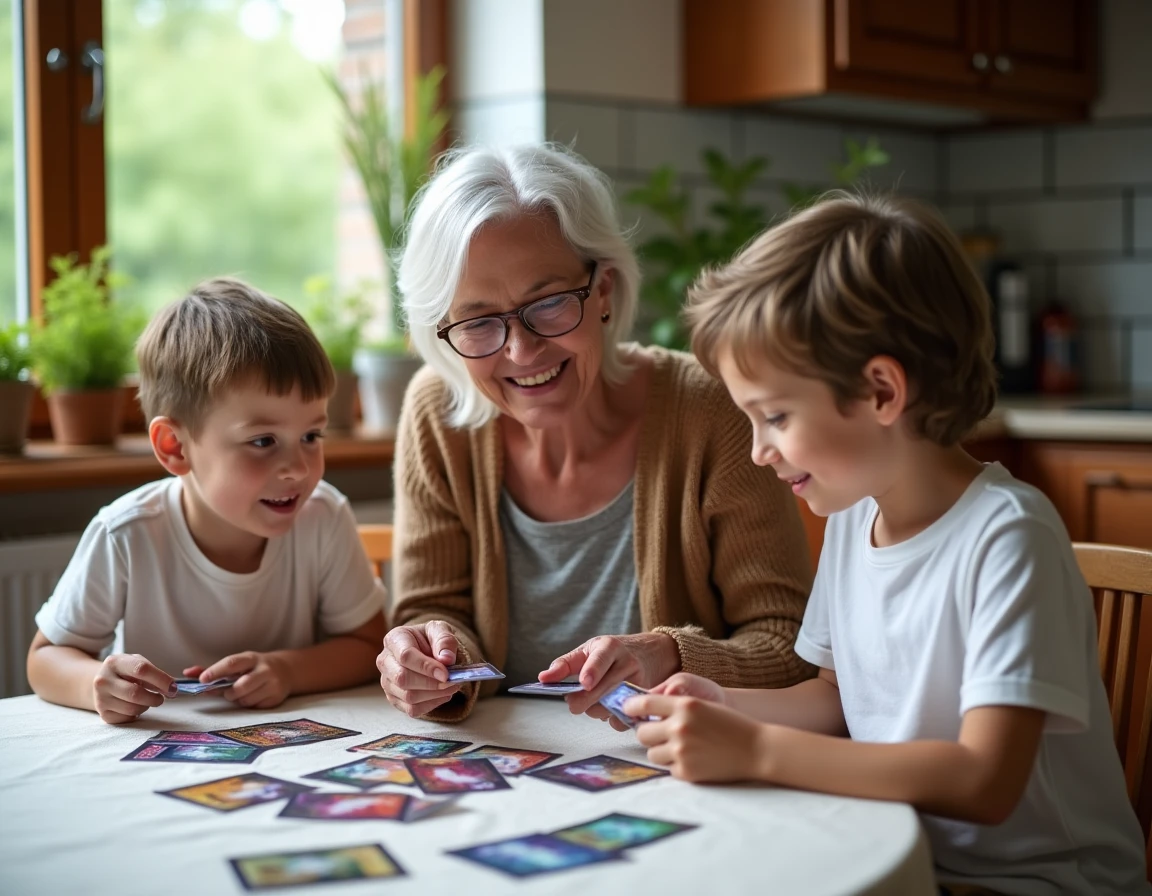 Grand-mère et petits-enfants découvrant ensemble les cartes du jeu Licorne Cosmique autour d'une table de cuisine
