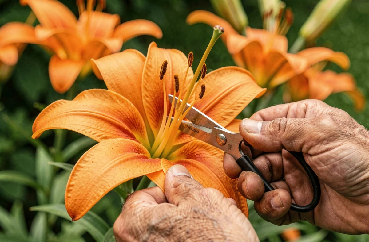 Gros plan de mains masculines retirant le pistil d'un lys orange dans un jardin fleuri en été
