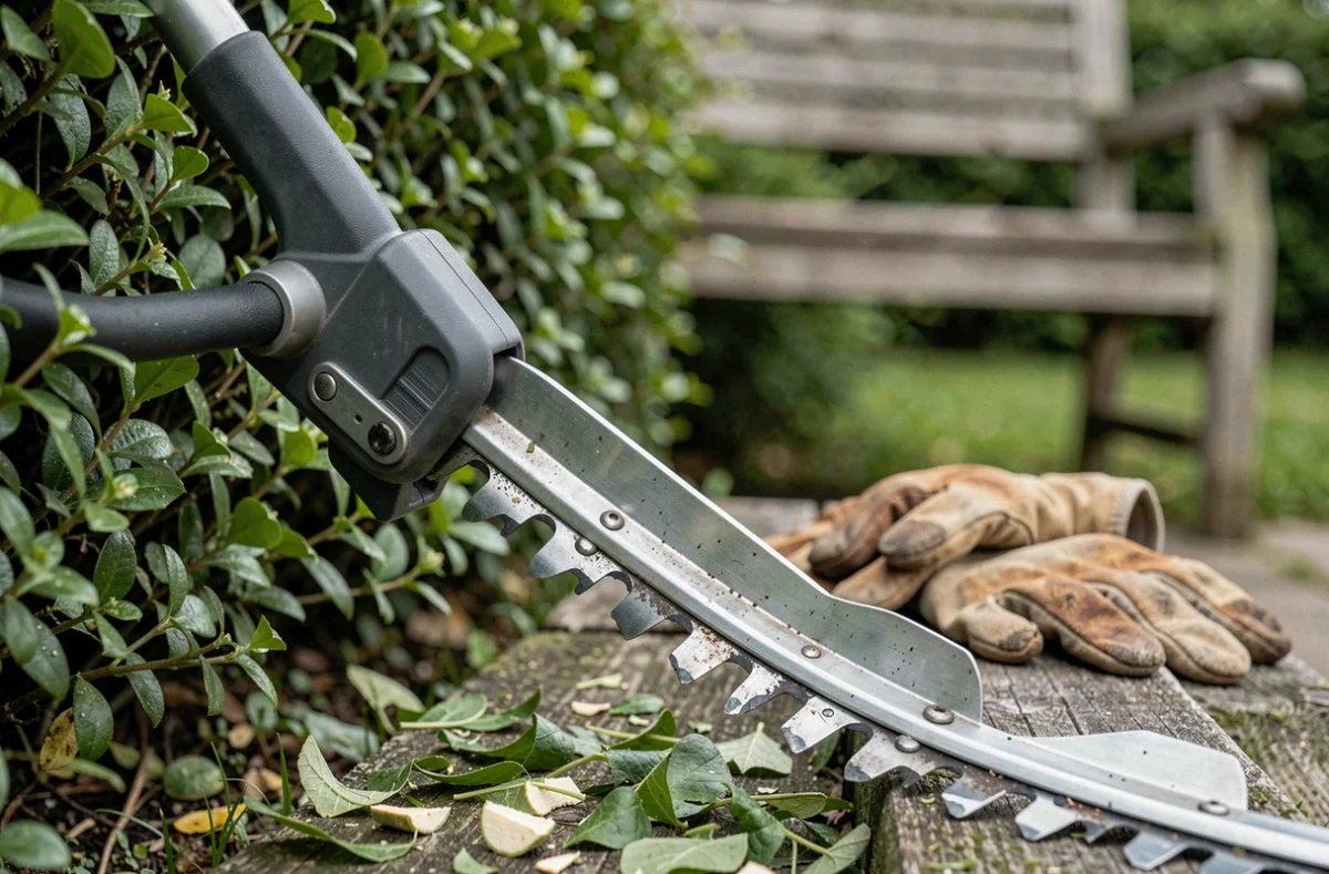 Gros plan d'un taille-haie télescopique posé contre une haie taillée avec des gants de jardinage en arrière-plan