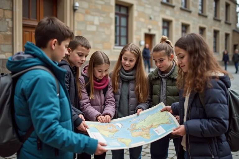 Enfants et professeurs autour d'une carte devant un bâtiment historique