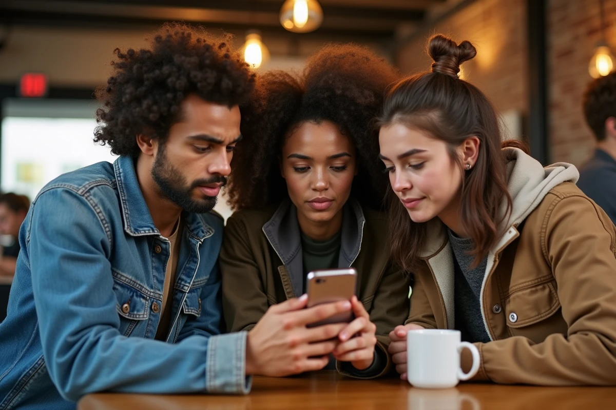 Groupe de jeunes adultes choqués découvrant une fuite d'informations privées sur un smartphone dans un café