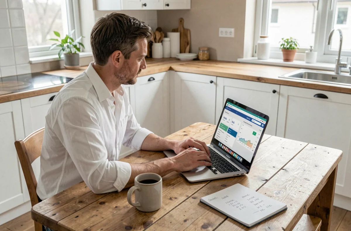 Homme comparant des banques en ligne sur ordinateur portable pour optimiser ses investissements depuis chez lui