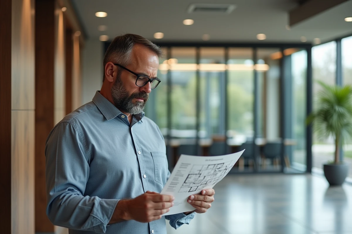 Homme examinant un plan dans un lobby moderne
