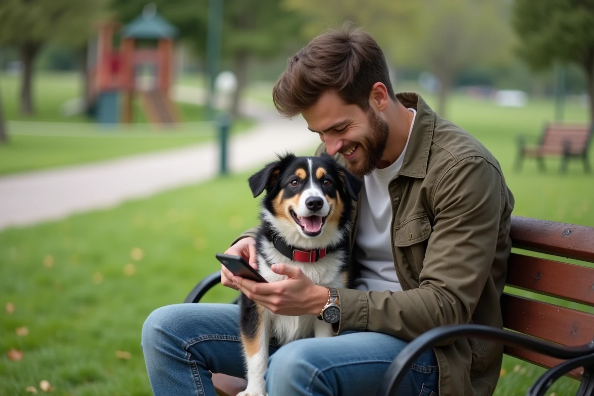 Jeune homme avec son chien dans un parc en plein air