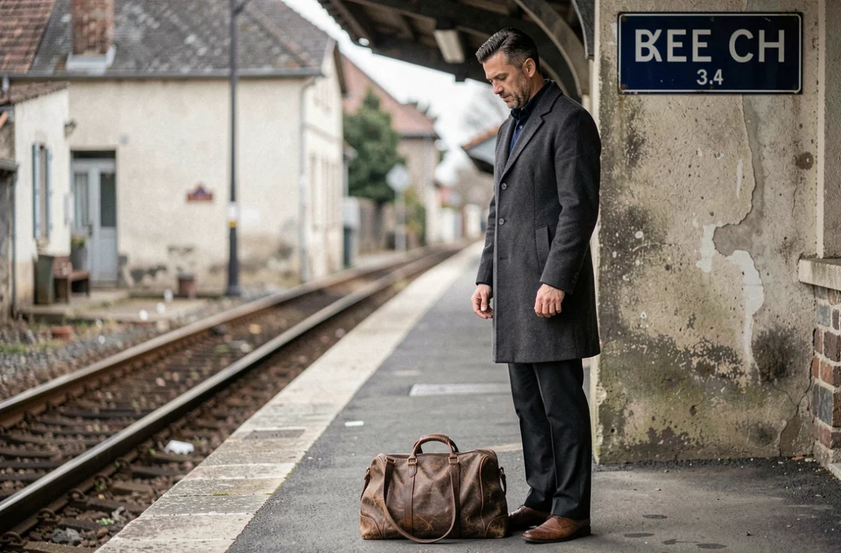 Homme sur le quai d'une gare provinciale française attendant le train, valise en cuir à ses pieds
