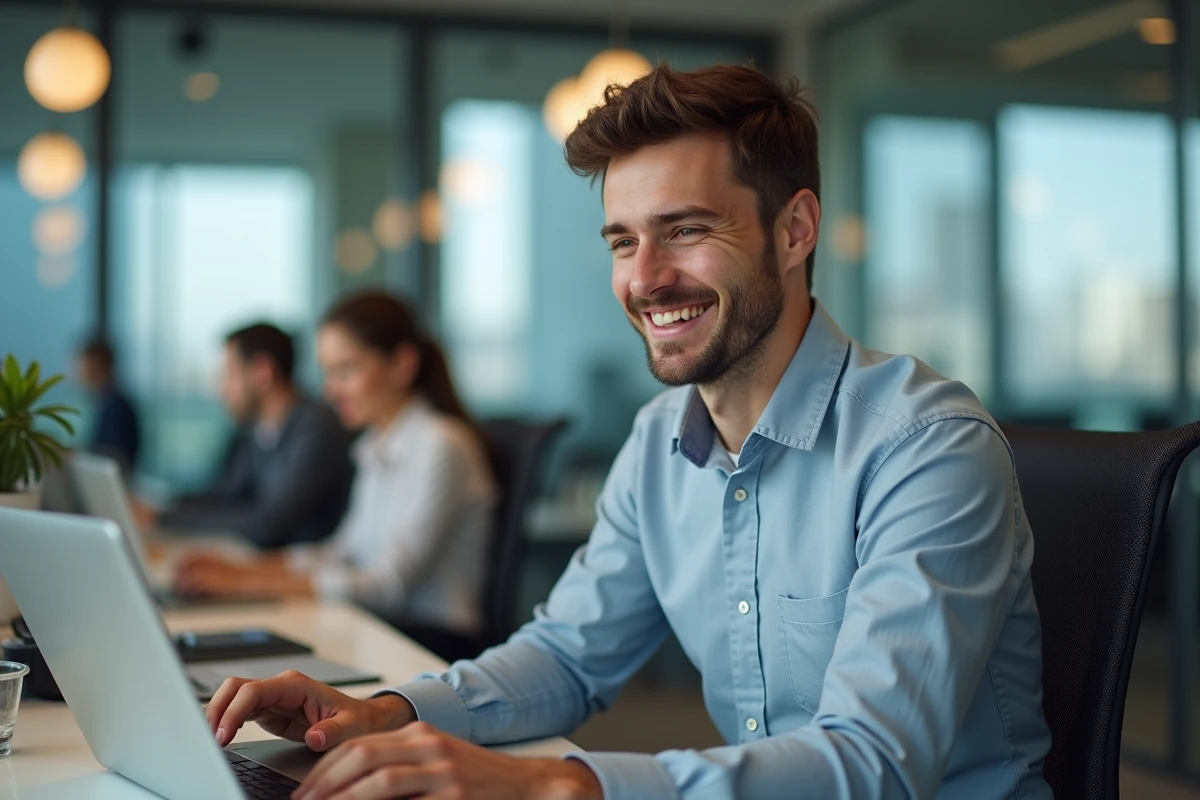 Homme en visioconference dans un bureau moderne