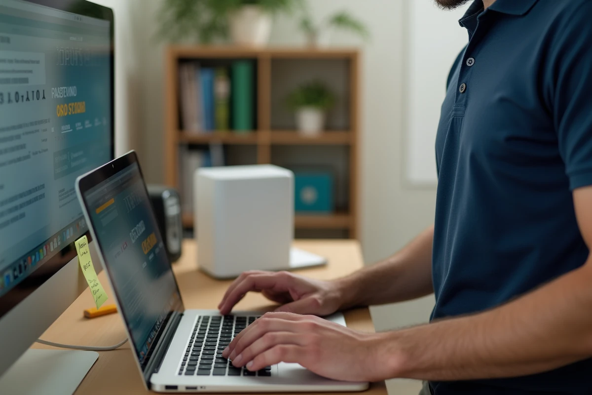 Homme saisissant le mot de passe WiFi Bbox sur son ordinateur portable dans un bureau à domicile