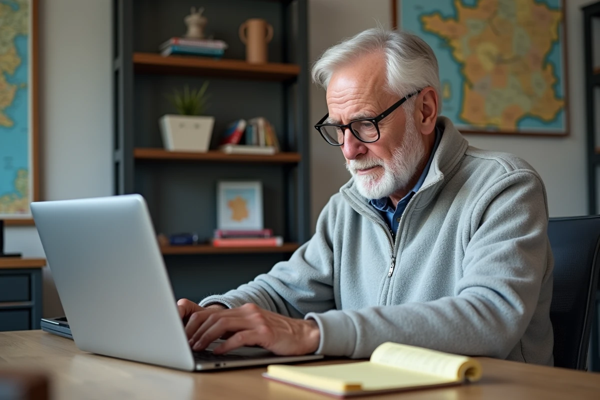 Homme senior renouvellement carte Avantage SNCF en ligne sur ordinateur portable à domicile