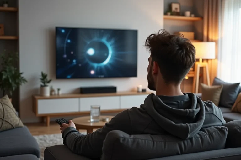 Homme regardant une interface de streaming sur sa télévision dans un salon moderne et cosy