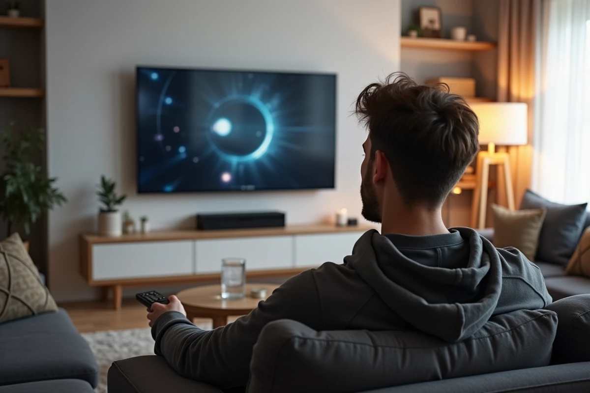 Homme regardant une interface de streaming sur sa télévision dans un salon moderne et cosy