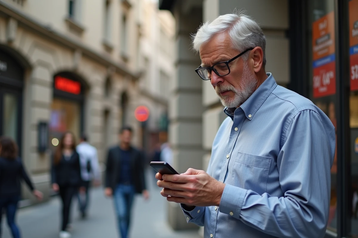 Homme âgé lisant les actualités sur son smartphone dans la rue