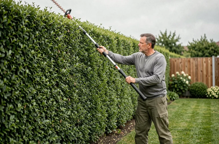 Homme utilisant un taille-haie télescopique pour tailler une haute haie dans un jardin résidentiel