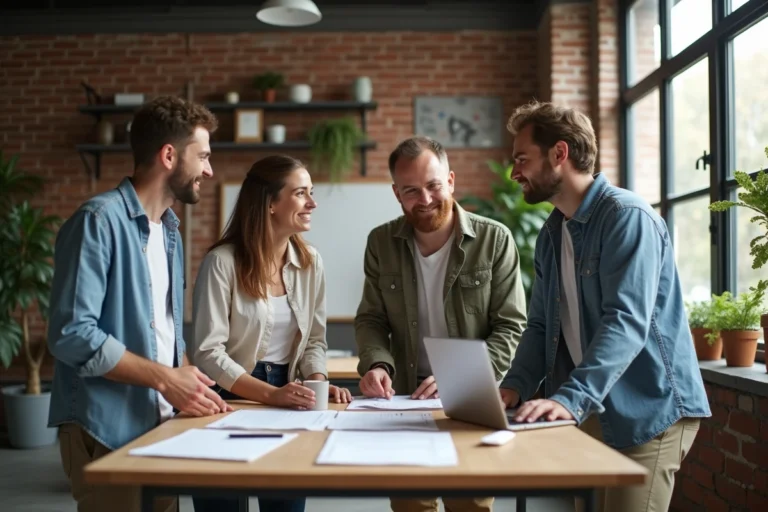 Groupe d'indépendants réunis autour d'une table de travail collaboratif dans un espace co-working moderne