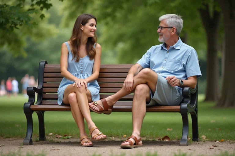 Jeune femme et homme discutent en sandalettes dans un parc