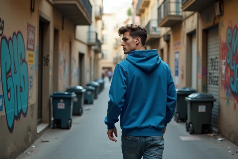 Jeune homme en hoodie bleu dans une rue de Nice