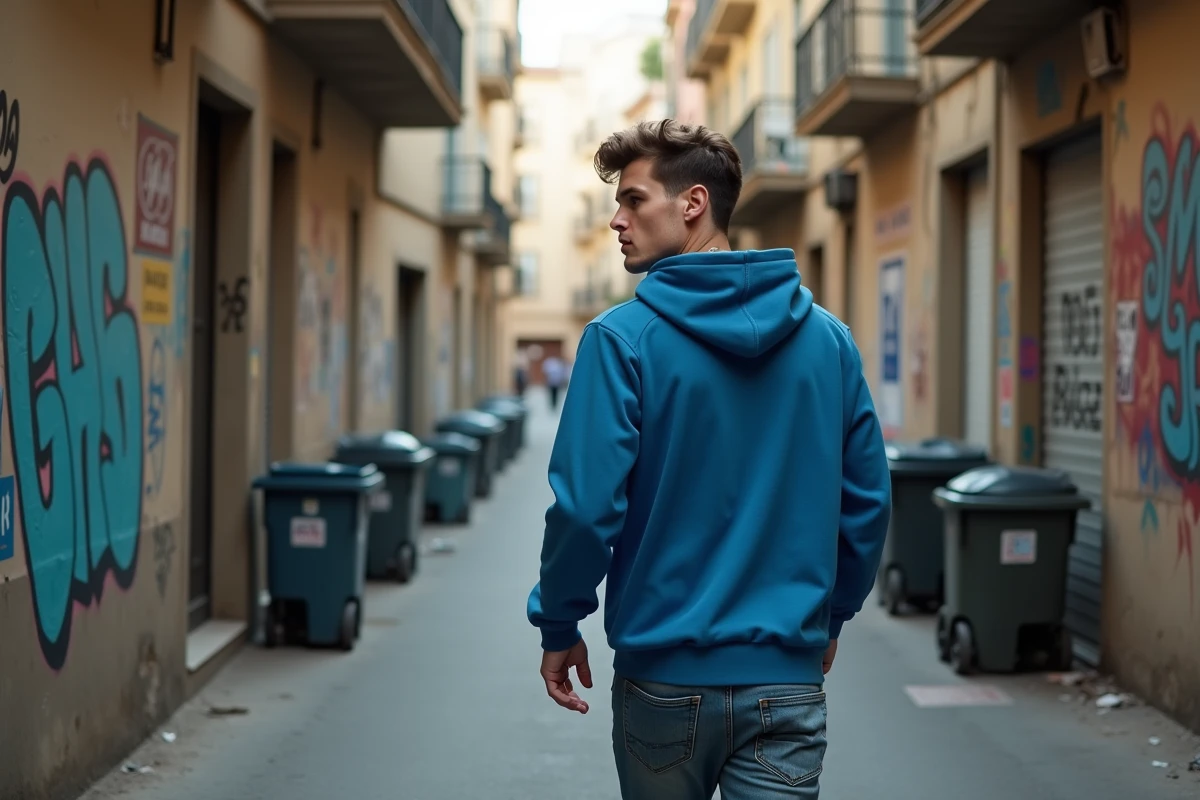 Jeune homme en hoodie bleu dans une rue de Nice