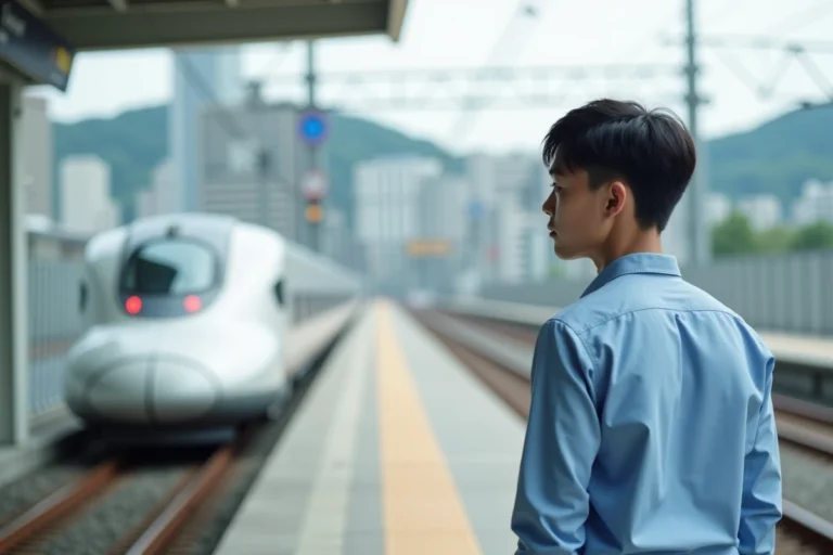 Jeune homme japonais devant un train Shinkansen moderne