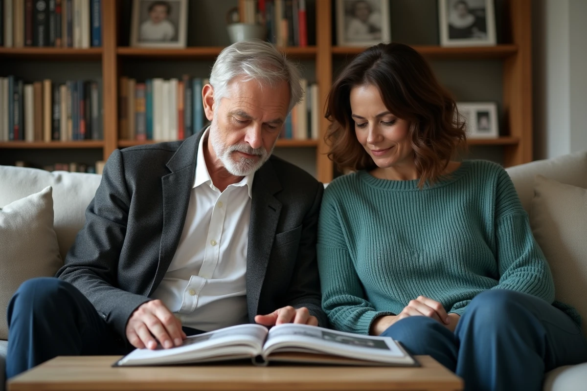 Journaliste et son épouse feuilletant un album photo dans leur salon reflétant leur vie de couple