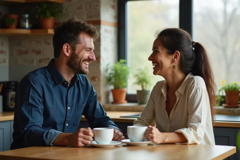 Journaliste et son épouse partageant un café à la maison dans une cuisine authentique et chaleureuse