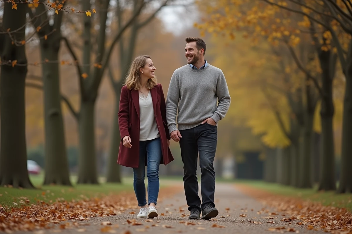 Couple se promenant dans un parc en automne illustrant la vie de famille d'un journaliste français