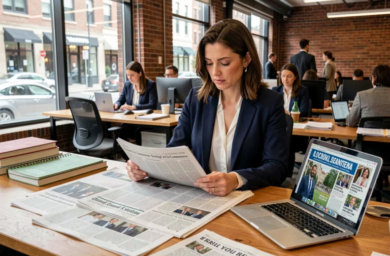 Journaliste féminine dans une salle de rédaction urbaine consultant des journaux imprimés et un ordinateur portable
