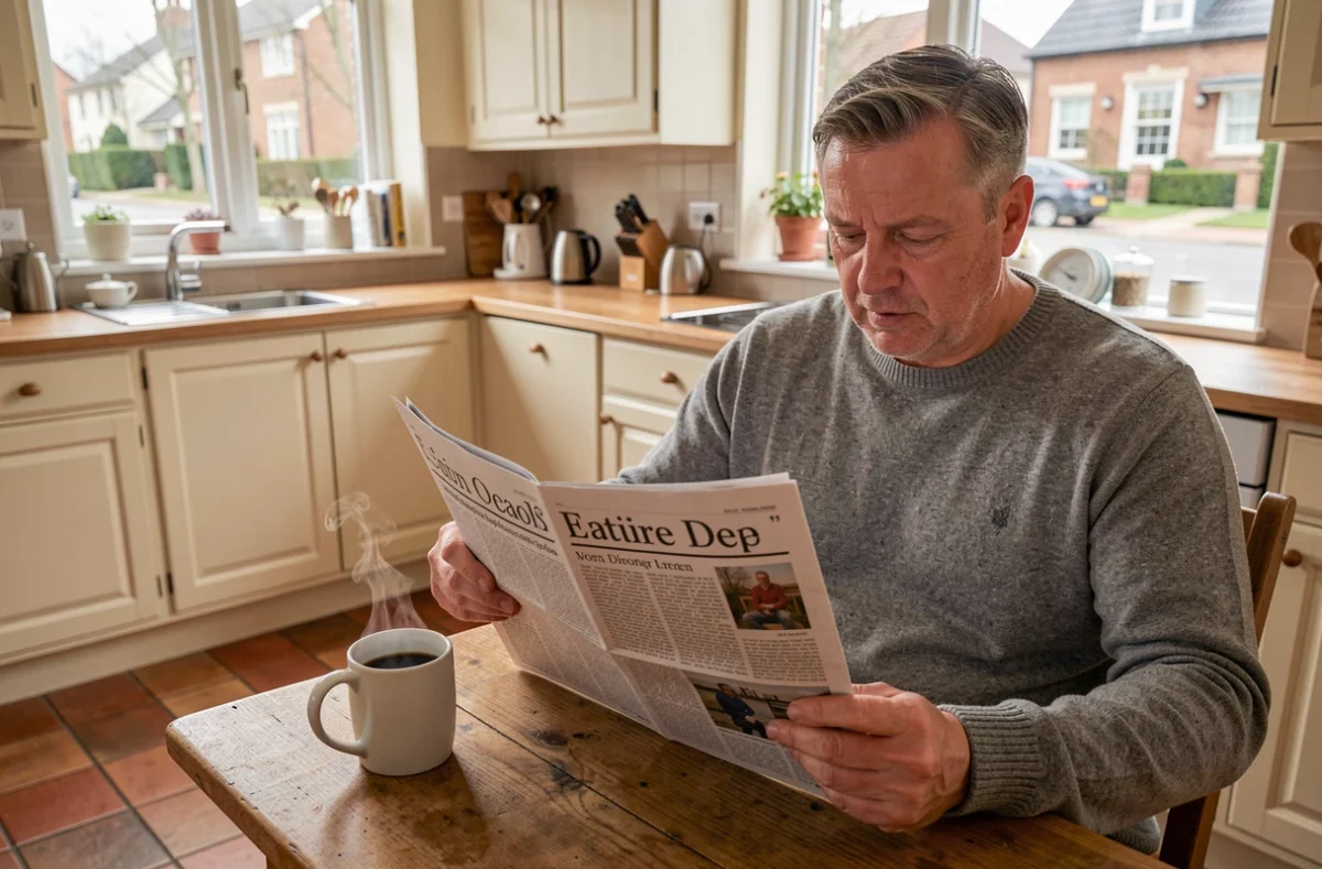 Homme d'âge mûr lisant un journal régional dans une cuisine française le matin avec un café