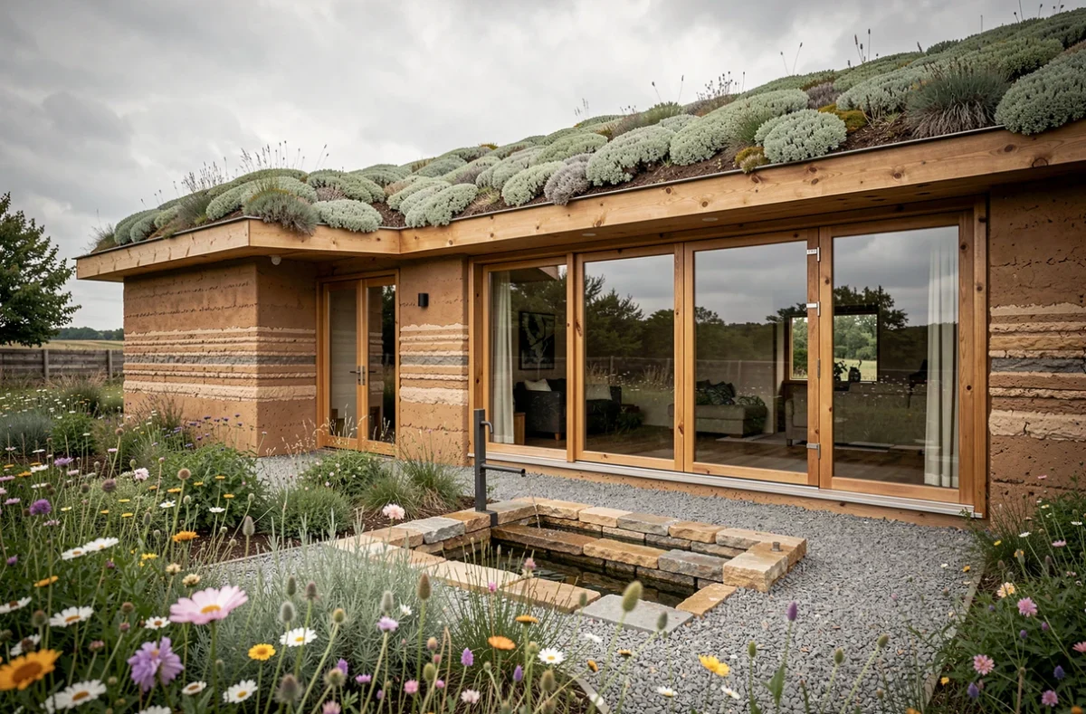 Maison écologique achevée avec toit végétalisé en sedum, murs en pisé et jardin de plantes sauvages indigènes