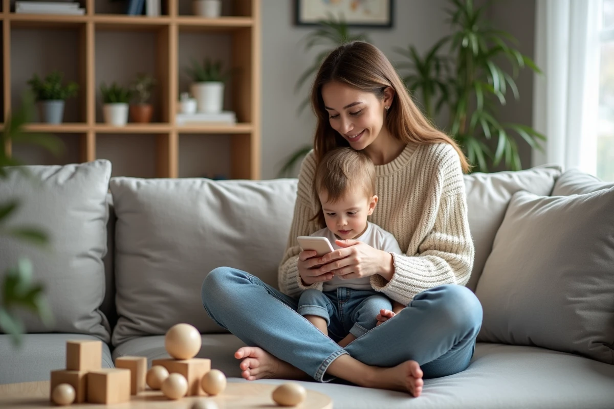 Femme souriante avec son enfant dans un salon scandinave