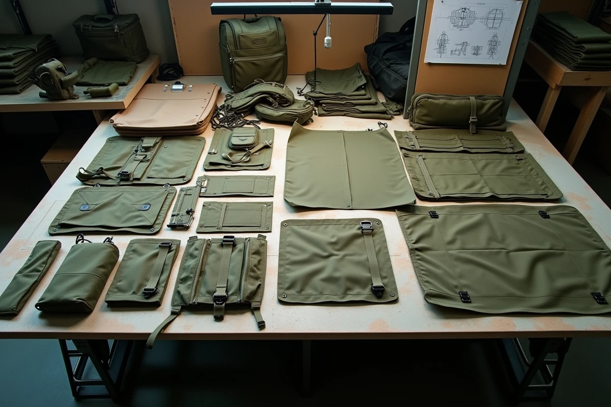Vue aérienne d'une table de découpe en usine avec les pièces et matériaux pour assembler des sacs à dos Eastpak