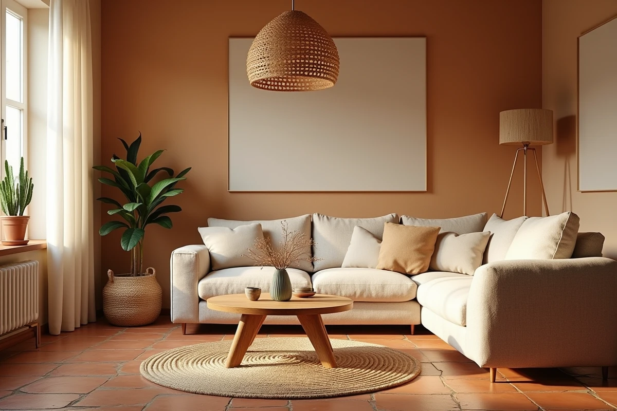 Salon décoré avec des matériaux naturels bruts : rotin, lin et bois certifié pour une ambiance organique