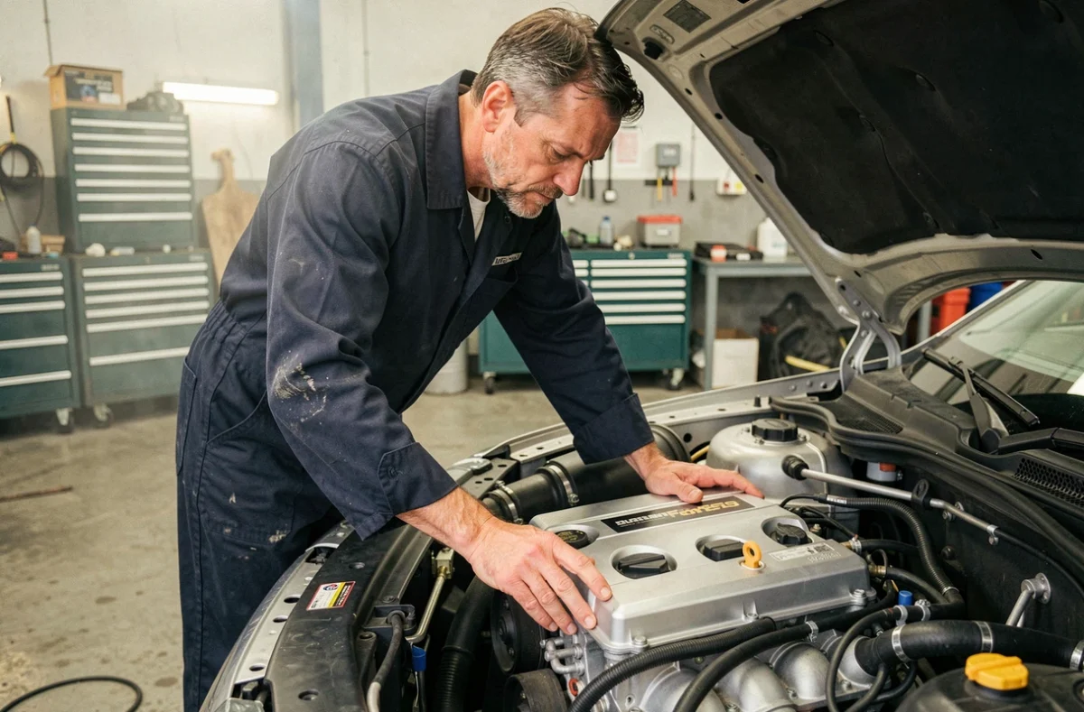 Mécanicien professionnel inspectant le moteur d'une voiture dans un atelier automobile