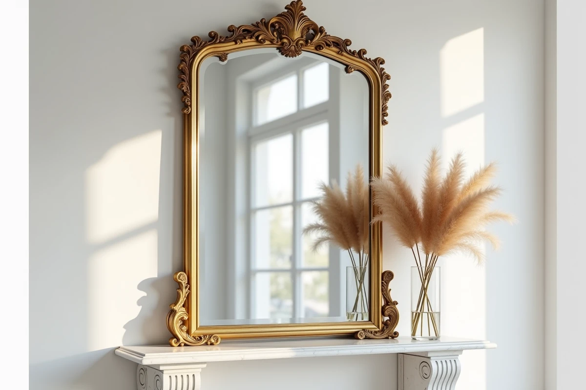 Grand miroir doré positionné face à une fenêtre pour refléter la lumière naturelle dans un salon parisien