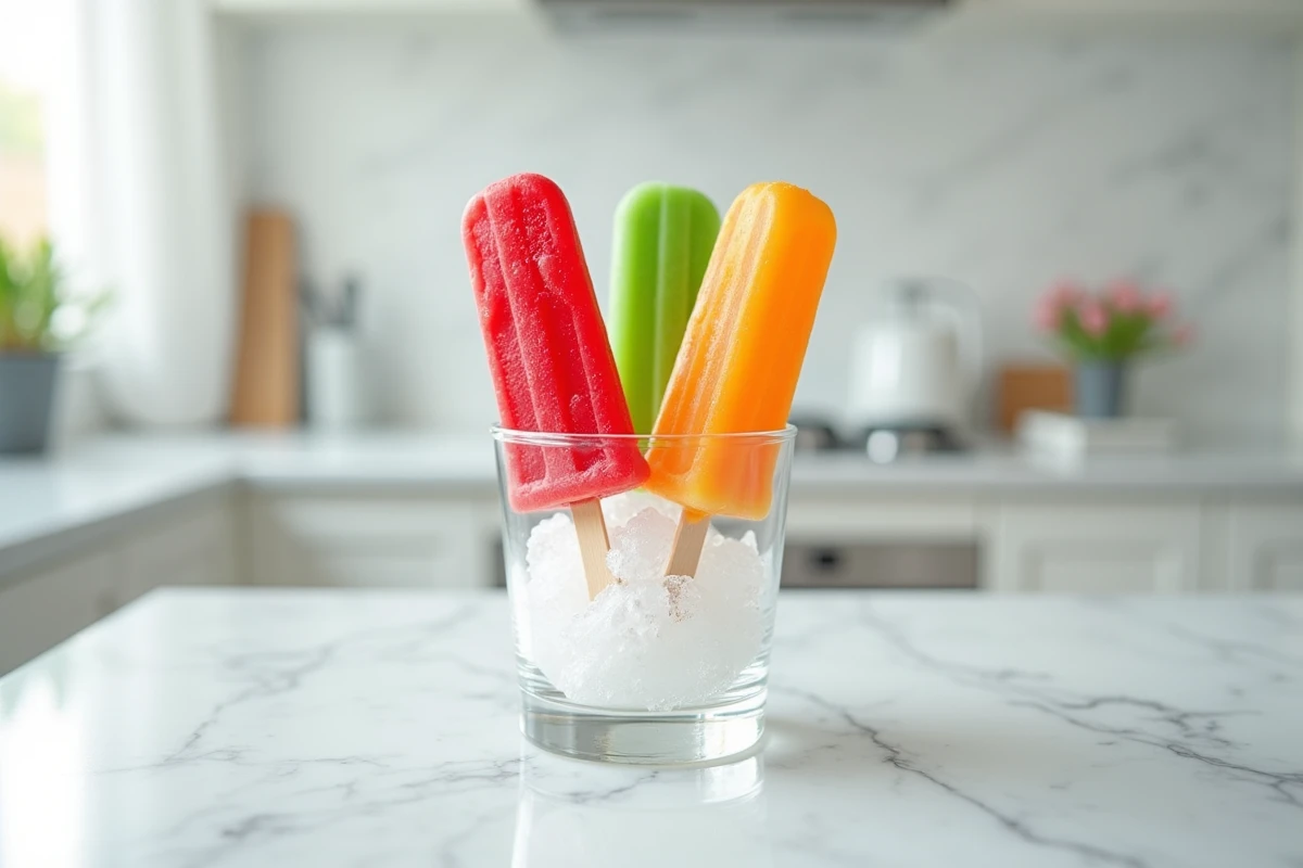 Gros plan de plusieurs Mister Freeze colorés dans un verre de glace pilée sur marbre blanc