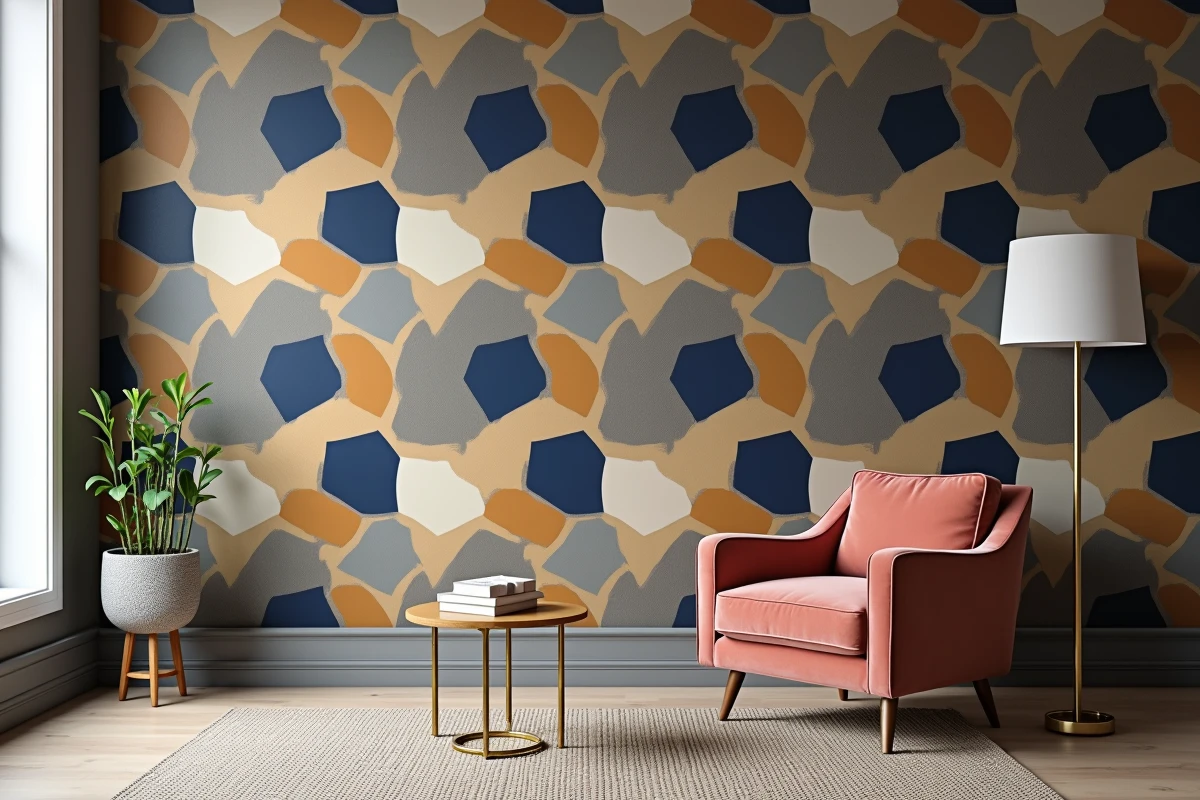 Mur d'accent recouvert d'un papier peint à motifs géométriques dans un coin lecture cosy