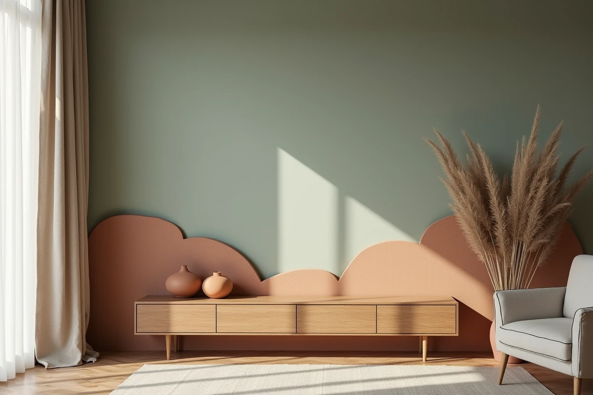 Mur peint dans une palette de verts grisés et de tons argile dans un salon contemporain apaisé