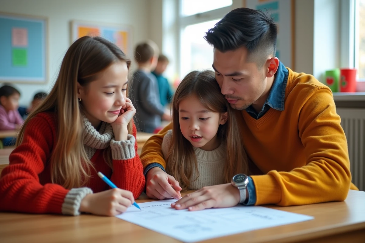 Parents et enseignant examinant un itinéraire dans une classe lumineuse