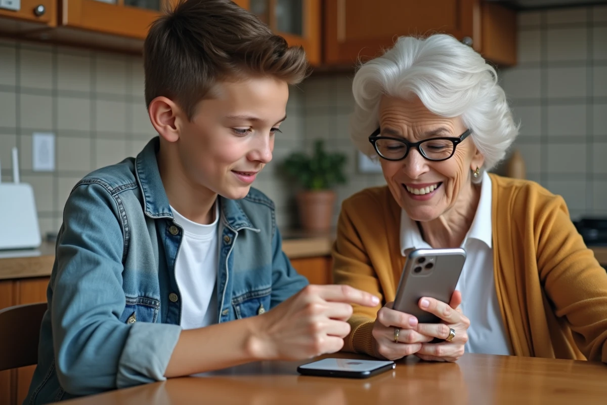 Adolescent aidant une femme âgée à trouver et partager le code WiFi Bbox sur un smartphone dans une cuisine