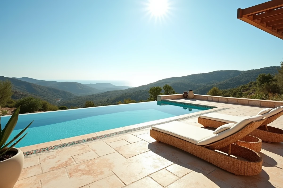 Piscine à débordement d'une villa portugaise avec vue panoramique sur les collines et l'océan Atlantique