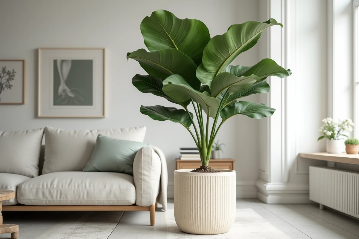 Grand ficus lyrata XXL dans un pot céramique comme point focal d'un salon scandinave épuré