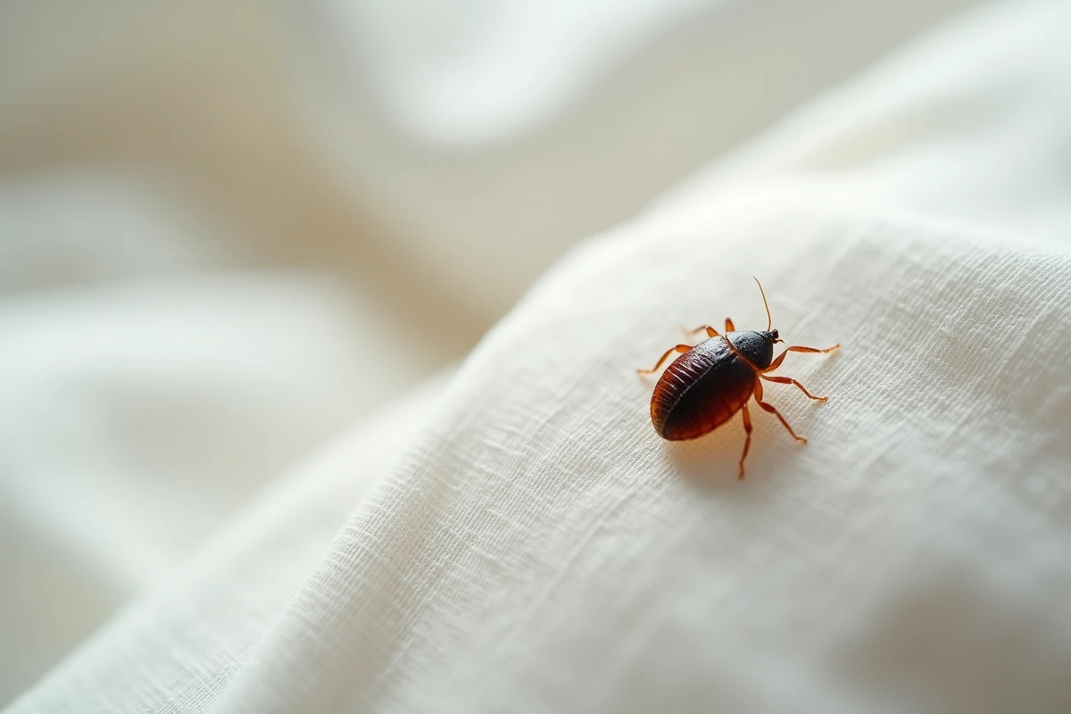 Gros plan d'une punaise de lit brune sur un tissu de matelas blanc, détail macro réaliste pour illustrer une infestation domestique