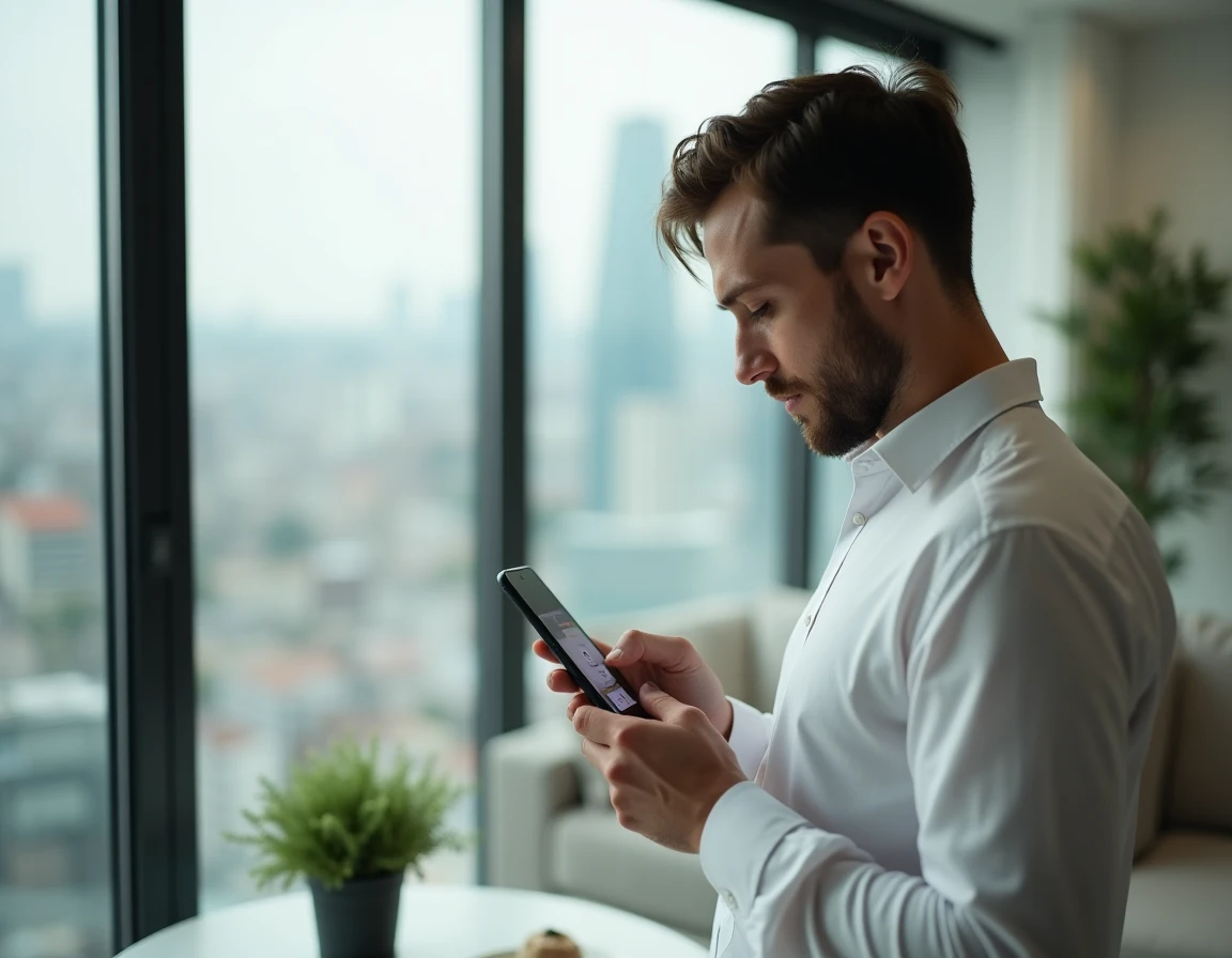 Homme adulte utilisant son smartphone pour contacter le support Snapchat et récupérer l'accès à son compte bloqué définitivement