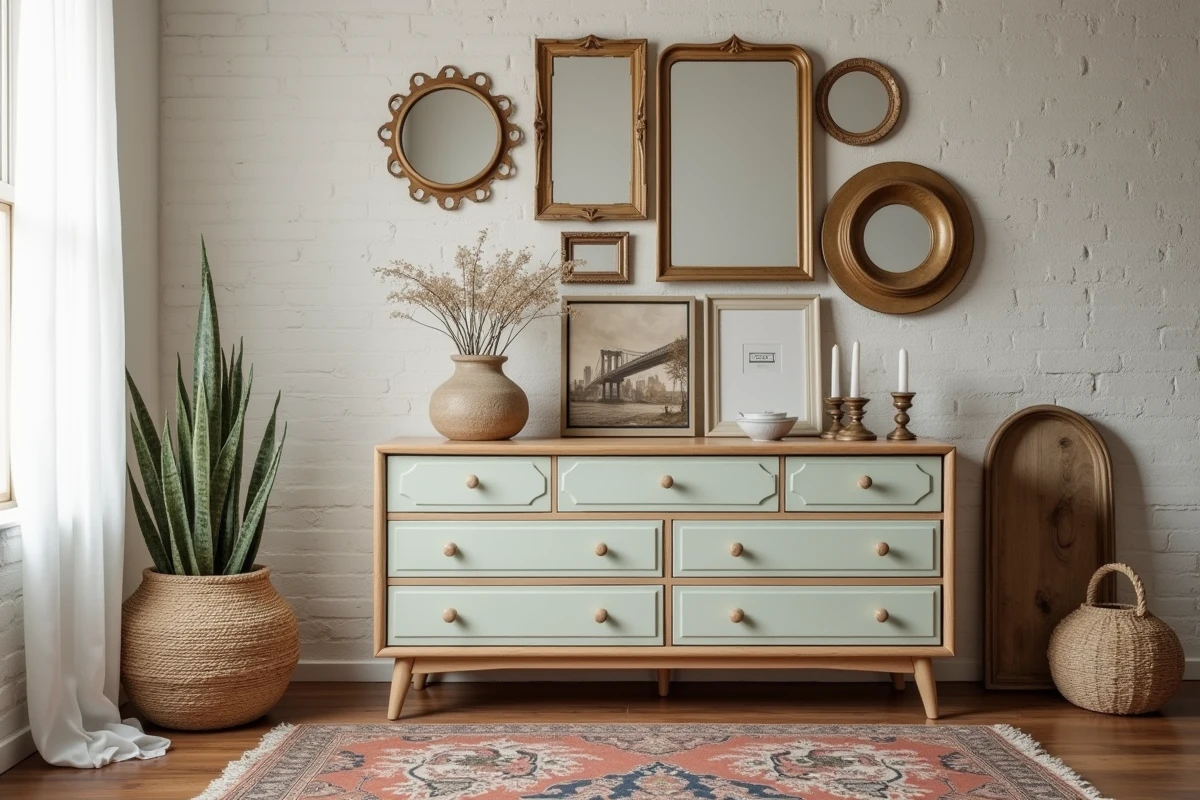 Commode vintage repeinte et relookée avec des accessoires chinés pour une décoration seconde main tendance