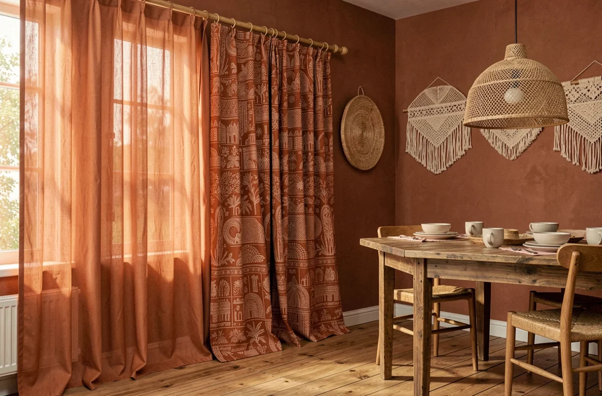 Deux rideaux de style bohème sur une tringle en bois dans une salle à manger, mousseline rouille et coton block-print terracotta