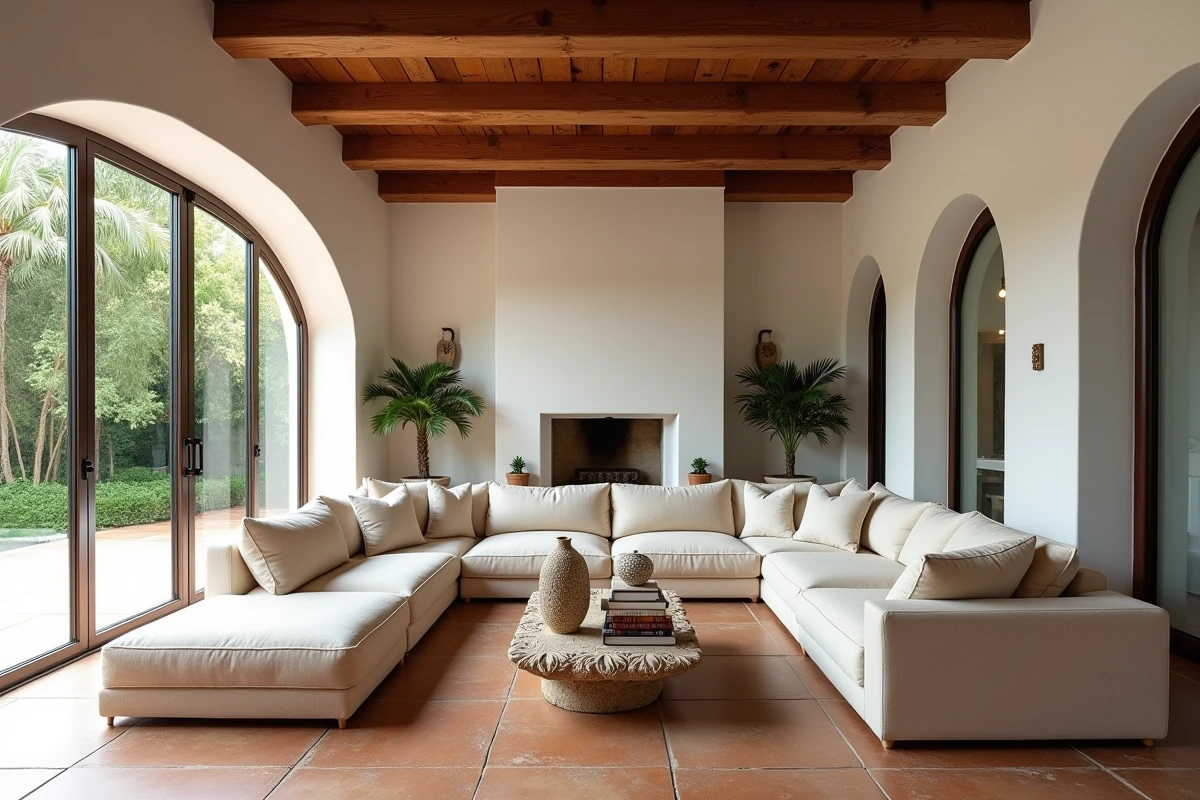 Salon intérieur d'une villa portugaise haut de gamme avec poutres apparentes, carrelage en terre cuite et fenêtres en arc