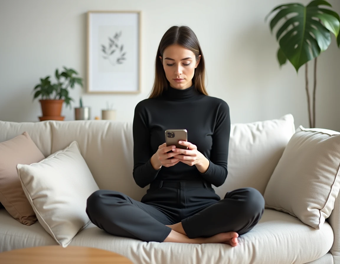Femme consultantson téléphone sur un canapé dans un salon scandinave minimaliste illustrant l'usage des réseaux sociaux au quotidien