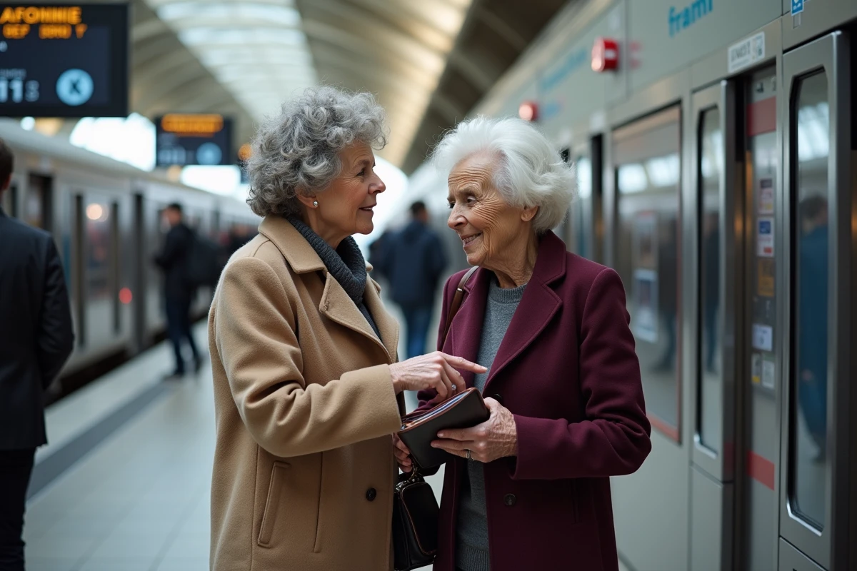 Deux femmes seniors utilisant une borne SNCF en gare pour renouveler leur carte Avantage