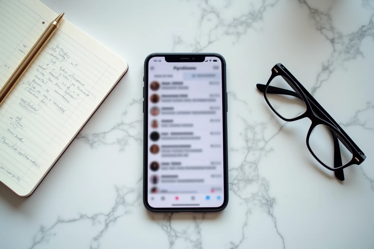 Vue aérienne d'un smartphone affichant des notifications de réseaux sociaux entouré de notes manuscrites sur une fuite médiatique